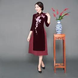 Roupas étnicas estilo chinês senhoras cheongsam mandarim colarinho vestido elegante bordado floral qipao outono veludo aodai vintage