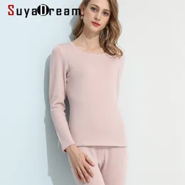 Suyadream Mulheres Fleece Quente Long Johns 100% Natural Silk Escovado Inverno Sólido Térmico Rosa Nude Underwear 211221