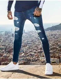 Män Skinny Ripped Jeans Hip-Hop Streetwear Jeans Blue Grey White Pencil Trousers Slim Biker Outwears Byxor Storlek S-3XL X0621