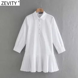 Zevity kobiety moda skręcić w dół kołnierz benki biała koszula sukienka kobieta patchwork poplin vestido eleganckie sukienki biznesowe DS8390 210603