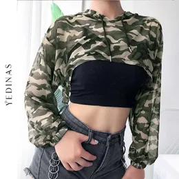 Yedinas Camouflage Crop Top Women See Through Mesh Sheer Tops Sexig Långärmad Hooded T-shirt Y2K Tie Dye Streetwear Spring 210527