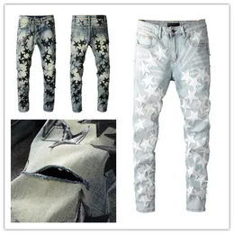 Luxurys Designer Męskie Dżinsy Najwyższej Jakości Design Hole Pięć Star Patch Splited Ripped High Street Zniszczony Denim Jean S US Rozmiar W28-W40