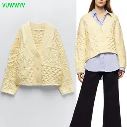 VUWWYV Yellow Patchwork Cable Knitted Cardigan Sweater Women Oversized Cropped Sweaters Woman Long Sleeve Casual Tops 210430