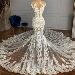 Vestido Saudita do casamento do laço transparente por Mulheres Sheer vestidos decote Beading Sexy Longo da sereia vestidos de noiva