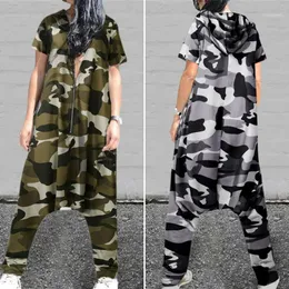 Kvinnors Jumpsuits Rompers Celmia Vintage Kvinnor Jumpsuit Camouflage Hoodies Kortärmad Playsuits Sommar Casual Drop-Crotch Pantalon Zip L