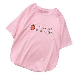 女性のストロベリープリントTシャツ夏半袖トップスレディースカジュアルストリートウェア原宿Tumblr Kawaii Cartoon Tee Shirt Femme 210623