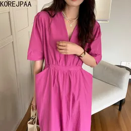 Korejpaa Kadınlar Elbise Yaz Kore Chic Mizaç Basit Nazik V Yaka Çift Cep Dantel-Up Bel Puf Kol Vestidos 210526