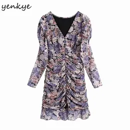 Vintage imprimé floral été robe en mousseline de soie femmes à manches longues col en V sexy drapé moulante mini ourlet à volants robe 210514