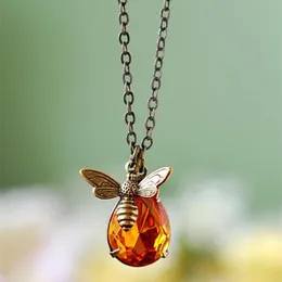 Mode Little Bee Pendant Necklace Creative Drop-Shaped Crystal Party Anniversary Women smycken halsband