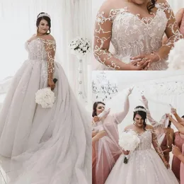 2021 Plus Size Wedding Dresses Long Sleeves Lace Applique Jewel Neck Custom Made Sweep Train Castle Bridal Gown vestido de novia