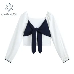 Bow Bandage Crop Blusar Eleganta Kvinnors Vit Skjortor Koreansk Ol Långärmad Square Collar Chic Vintage Party Blusas Inst 210515