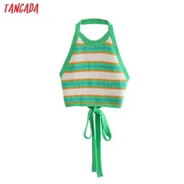 Tangada Frauen grün gestreift Camis Crop Top Spaghetti Strap ärmellose rückenfreie kurze Hemden weibliche Casual Tops AB42 210609