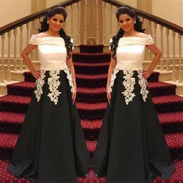 Off The Shoulder Lace Appliques Evening Gowns Satin A Line Formal Party Dress Custom Made Saudi Arabic Black White Prom Dresses