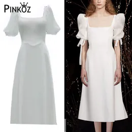 Elegant vit stilig bana designers sommar kläder för kvinnor fyrkantiga krage party klänningar vintage vestido de mulher 210421