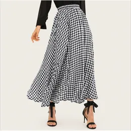 Qooth Kvinnors kjolar Vintage Plaid Check Long Kjol Elastic Pleated Faldas Bohemian Jupe Femme Summer Maxi QH2195 210609