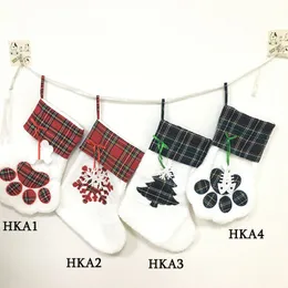 4 Styles Christmas Cat Paw Stocking Red Green Lattice Socks Xmas Tree Pendant Santa Claus Candy Bag Festival Party Decoration for Kids