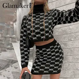 Glamaker 우아한 터틀넥 풀오버 스커트 양복 드레스 여성 따뜻한 스웨터와 스커트 편지 니트웨어 패션 Chic Co Ord 211108