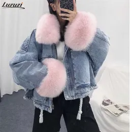 Luzuzi Vinter Loose Denim Jacka Kvinnor Oversierad Fur Collar Plus Velvet Padded Jackor Vintage Bomull Tjock Varm Jean Coat 211014