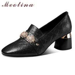 Meotina High Heel Kuh Leder Pumps Frauen Block Heels Metall Dekoration Blume Schuhe Mode Weibliche Schuhe Frühling Beige 210520