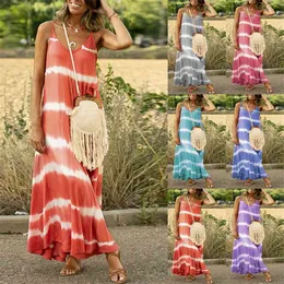 Dorywczo Kobiety Szata Seksowna Maxi Dress Summer Bez Rękawów V-Neck Paski Loose Duży Huśtawka Backless Plus Size Beachwear 210517