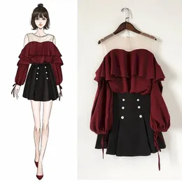 Plus Size Women's Autumn Suit Lovely Off-the-Shoulder Top och Short Skirt Two-Piece Kawaii Girl's Streetwear Koreanska Eleganta Sats X0428