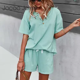 Jocoo Jolee Women Summer Casual Solid Loose Botton Top And Basic Pants Two Piece Sets O-Neck Tee Elastic waist Sport Style 210619