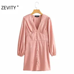 ZEVITY Kadınlar Vintage Seksi Derin V Boyun Tokalar Dekorasyon Ince Mini Elbise Bayanlar Fener Kol Vestido Chic Retro Elbiseler DS4318 210603