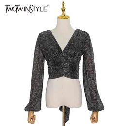 Twotwinstyle Sexy Perspective Tunica Koszula Dla Kobiet V Neck Latarnia Z Długim Rękawem Slim Lace Up Bowknot Bluzka Kobieta Moda 210517