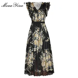 Fashion Runway Dress Summer Women's Dress Butterfly Sleeve V-Neck Stripe Floral Print Lace Dresses 210524