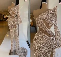 Sparkly Sequined Crystals Evening Dresses 2021 One Shoulder Glitter Pageant Prom Gowns Sexig High Side Slit Long Sleeve Arabic Women Formal Party Wear 322
