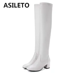 Boots ASILETO Bottes Femme Cool Over Knee High Square Toe Chunky Heels Zipper Rubber Sole Plus Size 34-45 Winter Leisure S2764