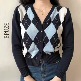 Rosa Cardigan Womens Tröjor Koreanska Crop Höst toppar Långärmad Blå Argyle Kort Stickad Fall 210521