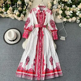 Платье весна осень женщины винтажные платья стиль пухлые рукава с поясом праздник платье Boho Femme халат 210715