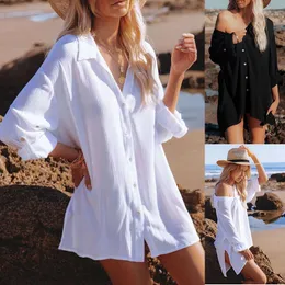 Women's Swimwear 2021 Summer Mid-length Ice Silk Wrinkle Beach Holiday Style Sunscreen Shirt Blouse Coverup