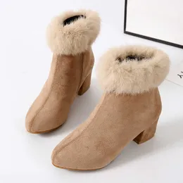 2021 зимние женщины снежные ботинки середины каблука пушистые замши женские лодыжки сапоги на молнии заостренный носок сплошной леди Elegant мода fotwear y1018