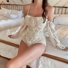 Lace Mesh Floral Embroidery Japan Style Body Suit Women Jumpsuits Rompers Bandage Sexy Backless Swimwear Summer Beach Bodysuits 210720