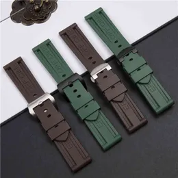 24mm Army Green Brown Silicone Gummi Watchband för Panerai Pam 111 368 389 351 441 Klockremmar Metal Clasp Tillbehör