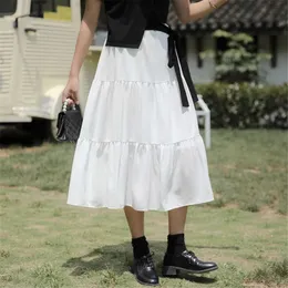 Harajuku Enkel Kawaii Solid Färg Pläterade Kjolar Kvinnor Elastisk Hög Midja Långkjolar Koreansk Svart Vit Vild Kläder 210619