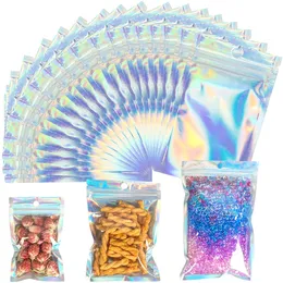 Aluminiumfoliepåse Holografiska plastförpackningsväskor Återställbar dragkedja förvaringspåse med hängande hål för mat mellanmål