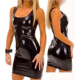 pu faux leather erotic club mini Dress Women wetlook Hot Sexy latex clubwear pvc Lingerie Catsuit shiny dress Pole costumes xxxl Y1204