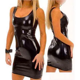 Pu Faux Leather Erotic Club Mini Sukienka Kobiety Wetlook Hot Sexy Latex Clubwear PVC Bielizna Catsuit Błyszczący Sukienka Kostiumy XXXL Y1204