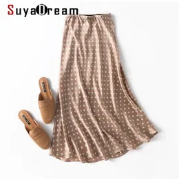 Suyadream 100％シルクサテンマーメイドスカート女性春夏のドット長袖エレガントなシック210629