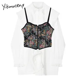 Yitimuceng Patchwork Bluzka Kobiety Koszule Wiosna Odzież Peter Pan Collar Bawełniane Single Breasted Edibleree Grzyby Topy 210601