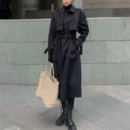 KIMUTOMOエレガントな冬のコート女性のファッションウールのコートソリッドターンダウンカラーロングスリム韓国のベルトの緩い210521