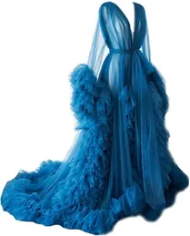 ロイヤルブルーの妊娠中のイブニングドレス写真ロブPajam Robe Vネック長袖アップリケレースチュールガウンカスタマイズされた床の長さバスローブメッシュドレス