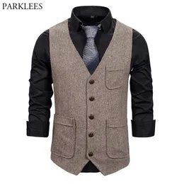 Mäns 5 Knapp Formell Herringbone Tweed Dress Vest Slim Fit V Neck Ärmlös Västar Waistcoat Vintage Gentleman British Gilet 210522