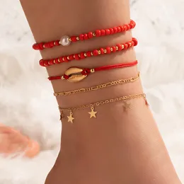 Bohemian Red Beaded Anklets for Women Summer Shell Star Tassel Foot Chain Adjstable Jewelry Accessories 5pcs/sets