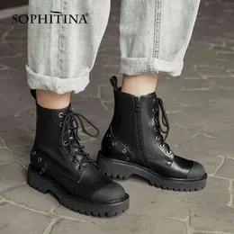 Sophitina Women Boots Platform Fashion Cross-Tied Zipper Andiskid Patchwork Skor Round Toe Mid Heel Casual Kvinnor Skor SO743 210513