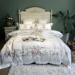 800TC Egiptian Bawełna Luksusowy Haft Biała Pościel Zestaw Queen King Size Pokrywa Łóżko Duvet Pokrywa Bed Arkusz Paryu DE LIT 211007