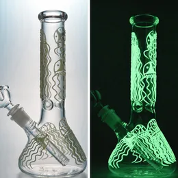 Straight Type Hookahs Jellyfish Pattern Glass Bong Glow in the Dark Water Pipe Colored Beaker Bongs 18mm Female Joint Oil Dab Rigs With Bowl GID04